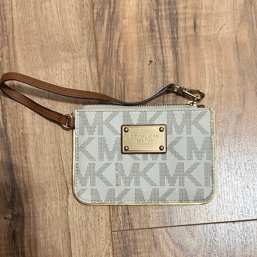 Michael Kors Tan and Gold Logo Wristlet